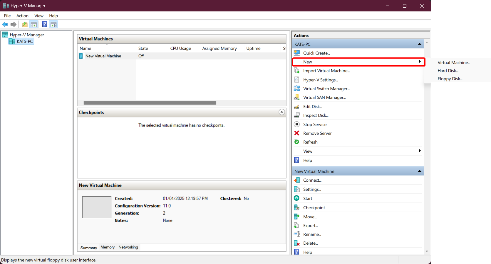 Screenshot of Hyper-V Manager where the "New" button has been clicked