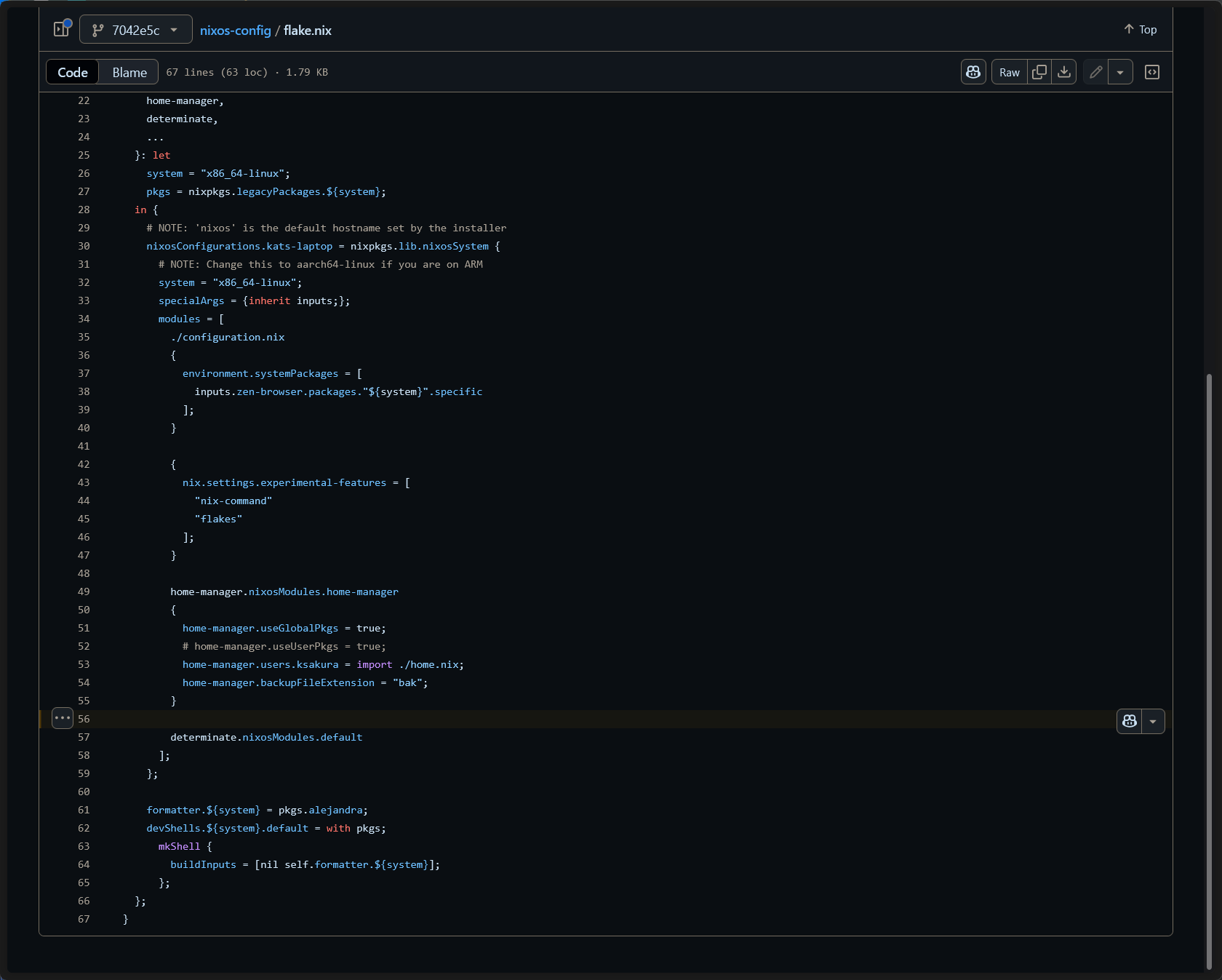 Screenshot of `flake.nix` on GitHub,
the line
where the these modifications have
to be added is highlighted