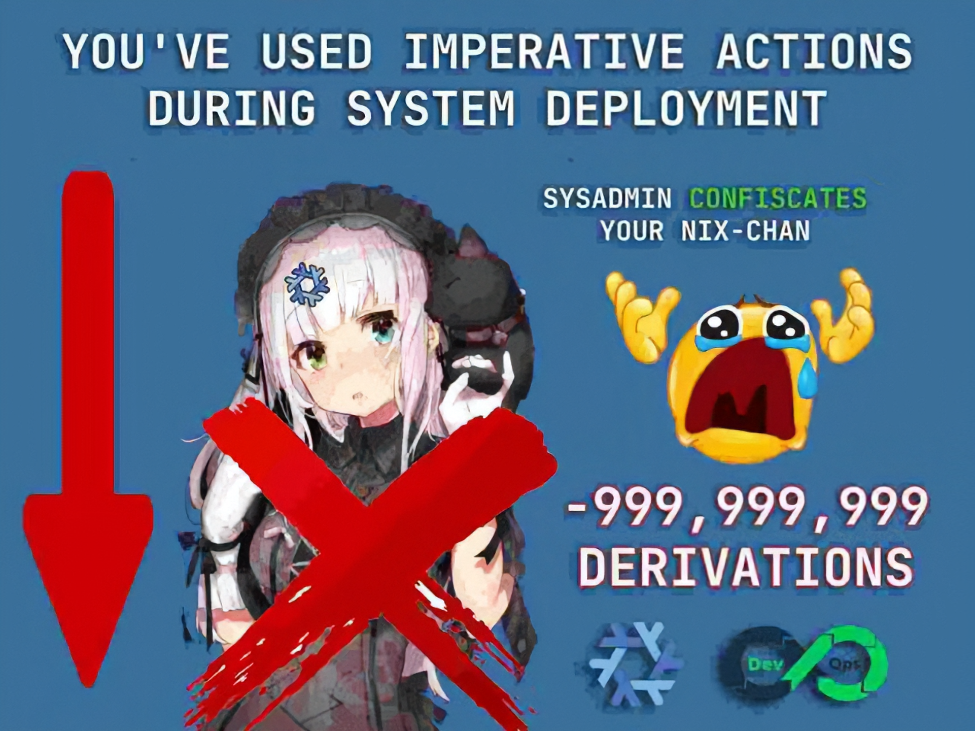 Extracted text:
YOU'VE USED IMPERATIVE ACTIONS DURING SYSTEM DEPLOYMENT SYSADMIN CONFISCATES YOUR NIX-CHAN –999,999,999 DERIVATIONS.
Explanation: Nix aims for perfect reproducibility,
using imperative action means
the change was not recorded in the config file,
and thus, you broke the rule of perfect reproducibility,
making it an impure flake