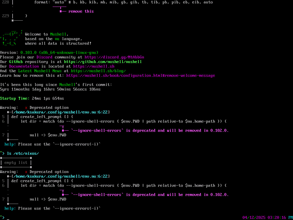 The user ran ls /etc/nixos,
where the config files are supposed to exist,
however,
the output shows
that the directory is empty