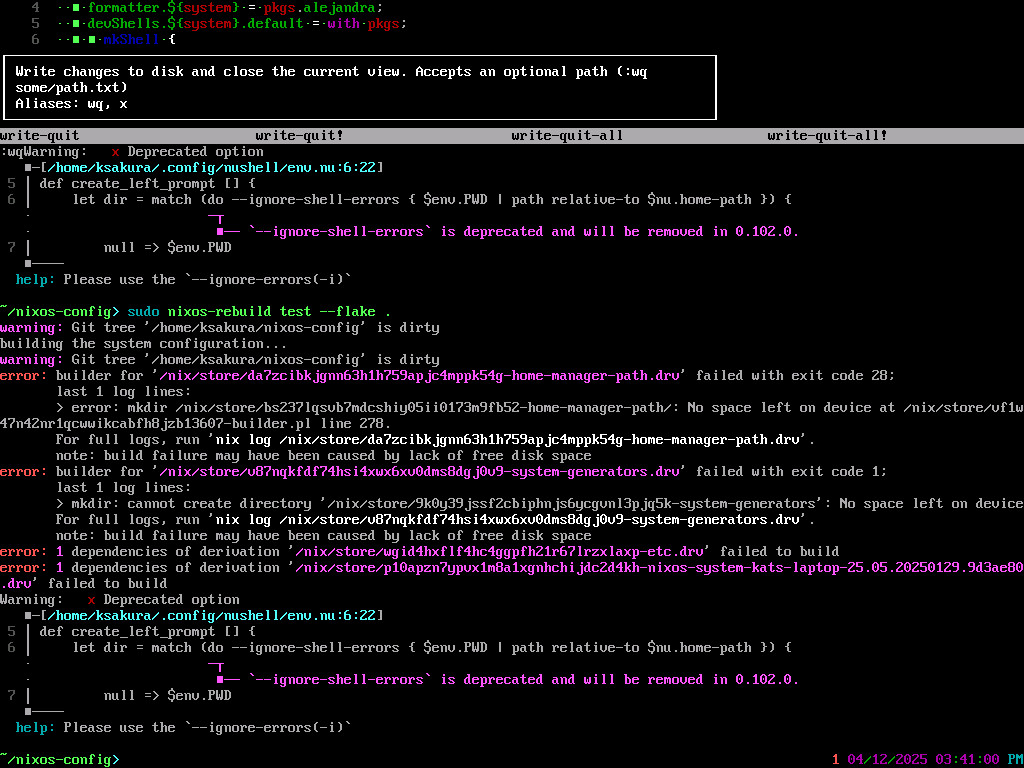 Due to the immutable nature of the nix packaging system,
it uses quite a bit of space.
Usually you'd just garbage collect
to recover space,
but in this case it was easier to resize the vm's hard drive