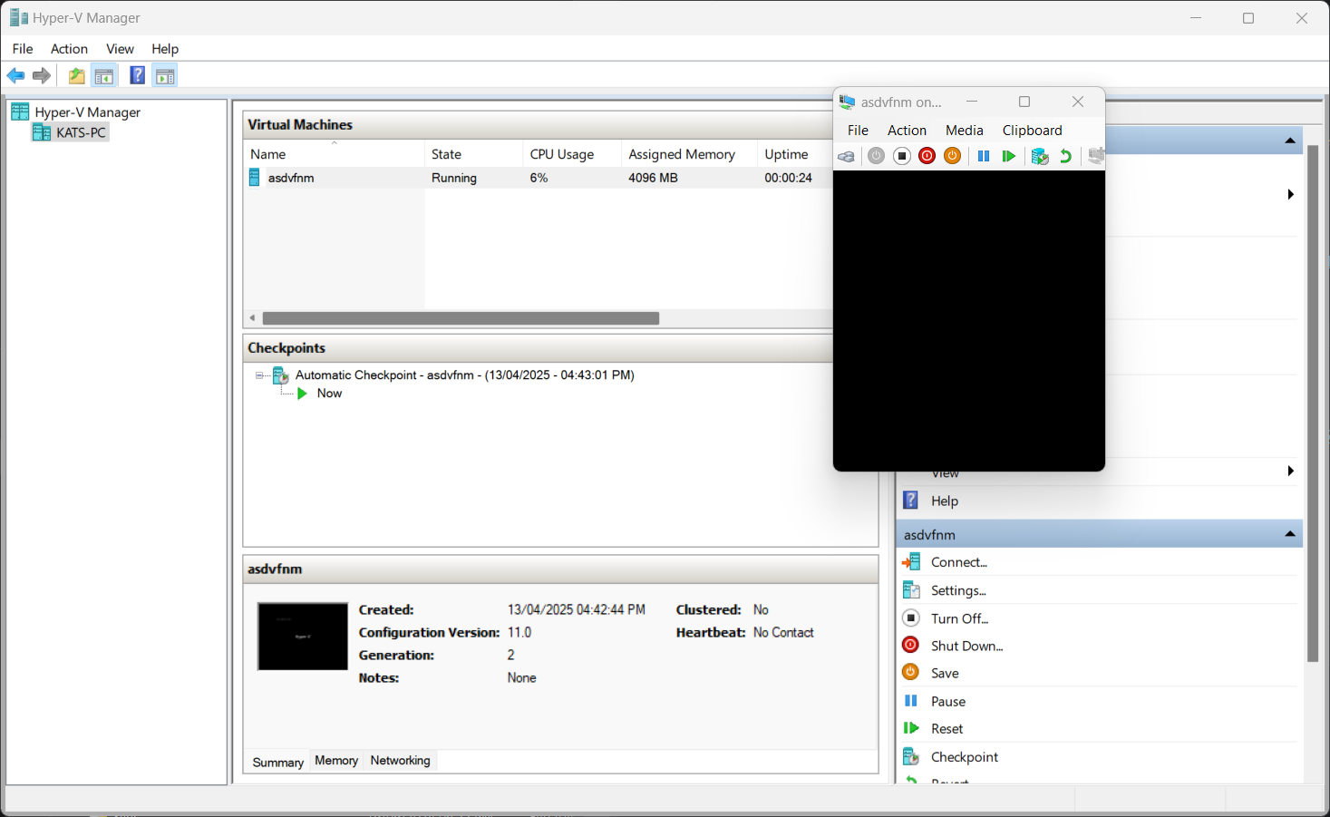 Screenshot of Hyper-V Manager with a VM booted up,
but the display is completely black.
This shows
that there is no TTY.