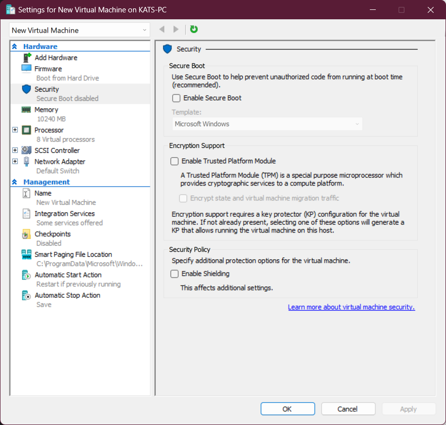 Screenshot of VM setting in the Security panel Screenshot of VM setting in the Security panel with Secure boot turned off.