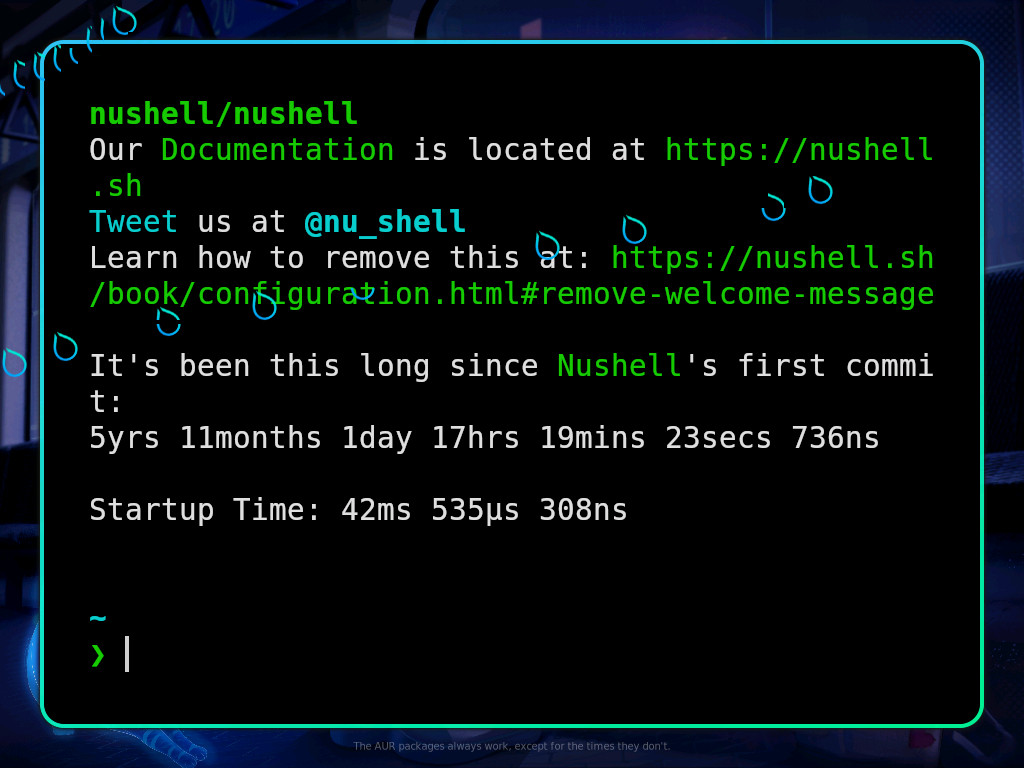 Screenshot of `Nushell` running in kitty terminal.
The text size in terminal is very large,
and the cursor is glitching
and leaving trails.