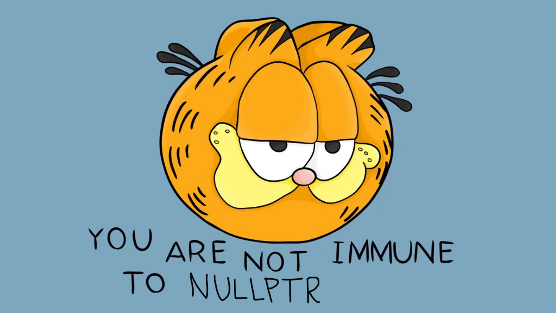 meme of Garfield saying "You are not immune to nullptr"